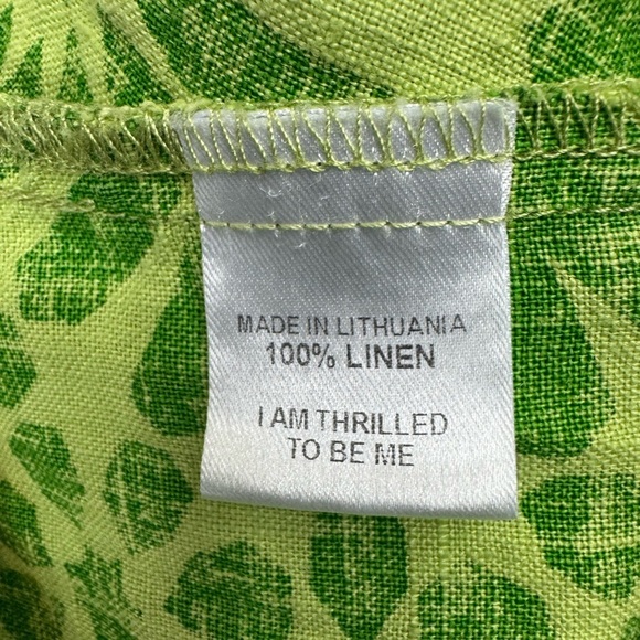 Flax Size 2G 100% Linen Stretched Top Midi Dress Green Mod Print Asymmetrical - Picture 8 of 9